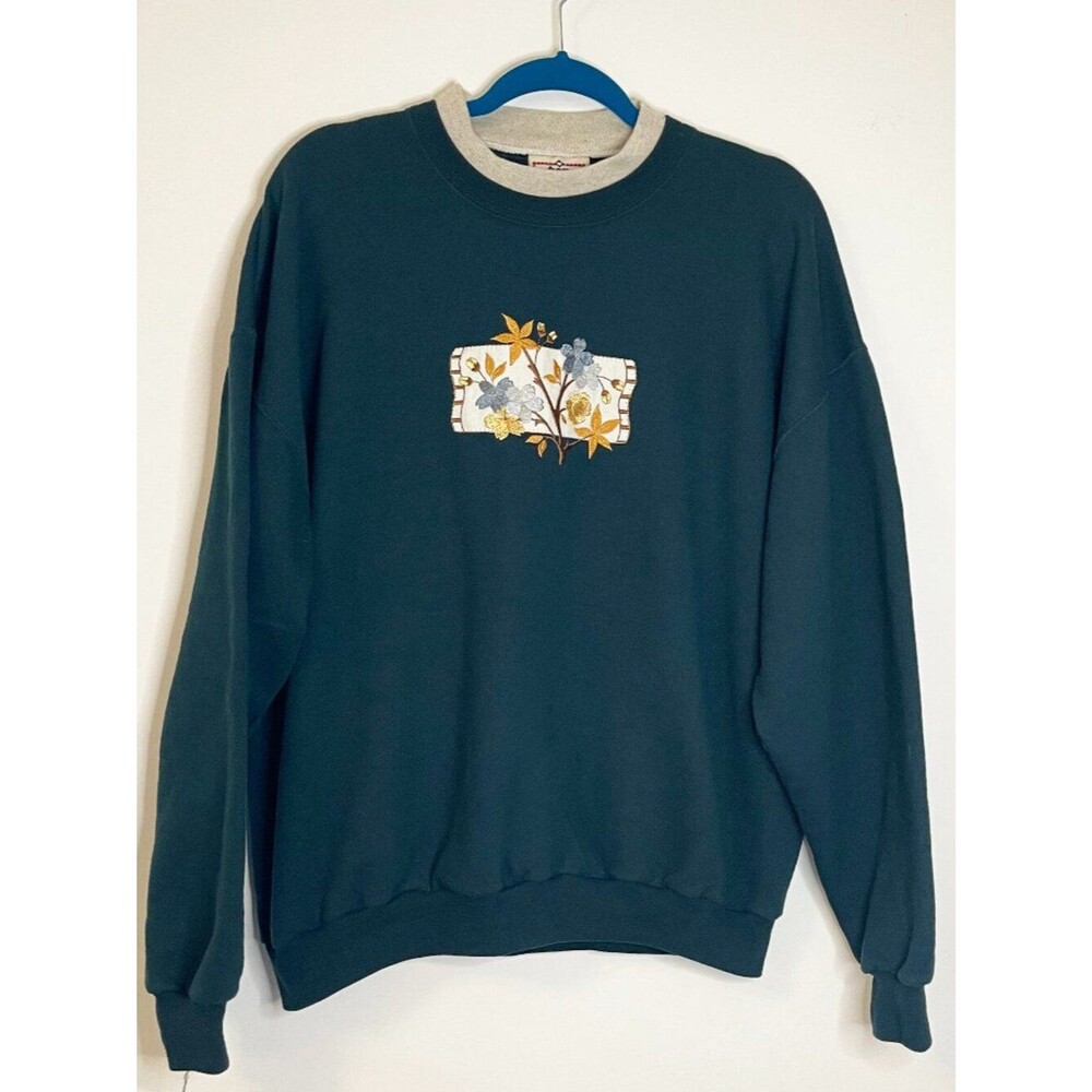 Vintage Top Stitch Grandmacore Sweatshirt Floral Embroidered Crewneck Green XL